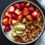 Greek yogurt fruit granola bowl with strawberries, raspberries, honeydew, and oats
