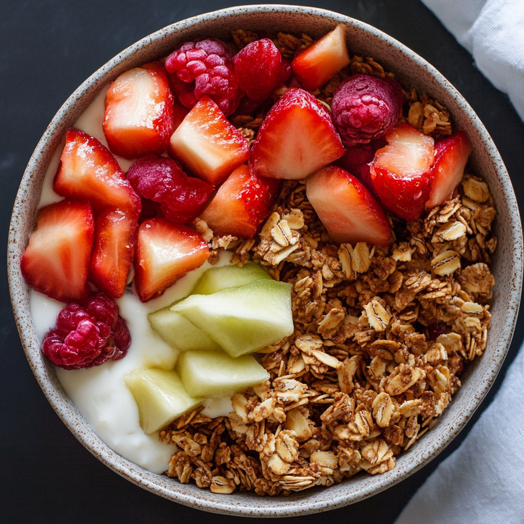 Greek yogurt fruit granola bowl with strawberries, raspberries, honeydew, and oats