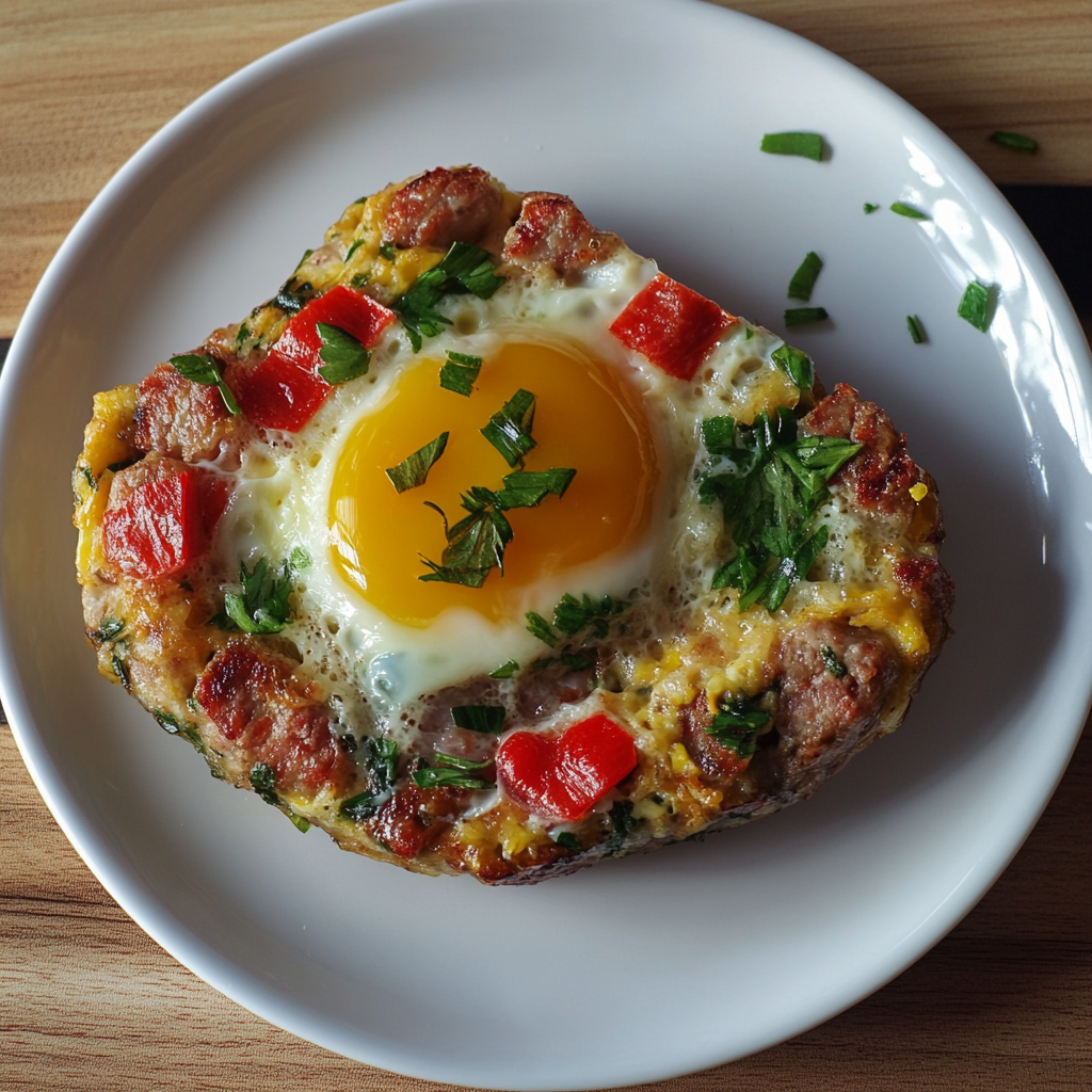 Baked sausage egg cup with red pepper and herbs on a plate