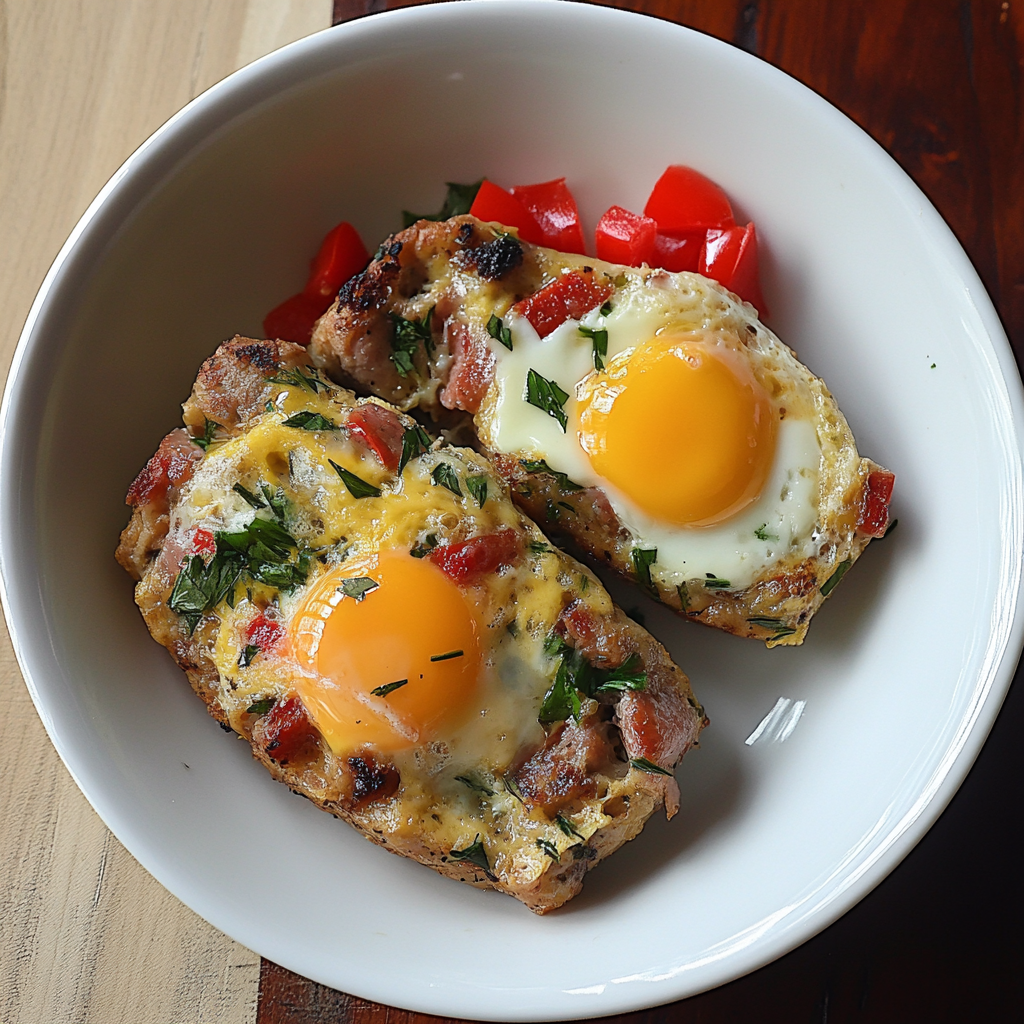 Two baked sausage egg boats served in a white bowl