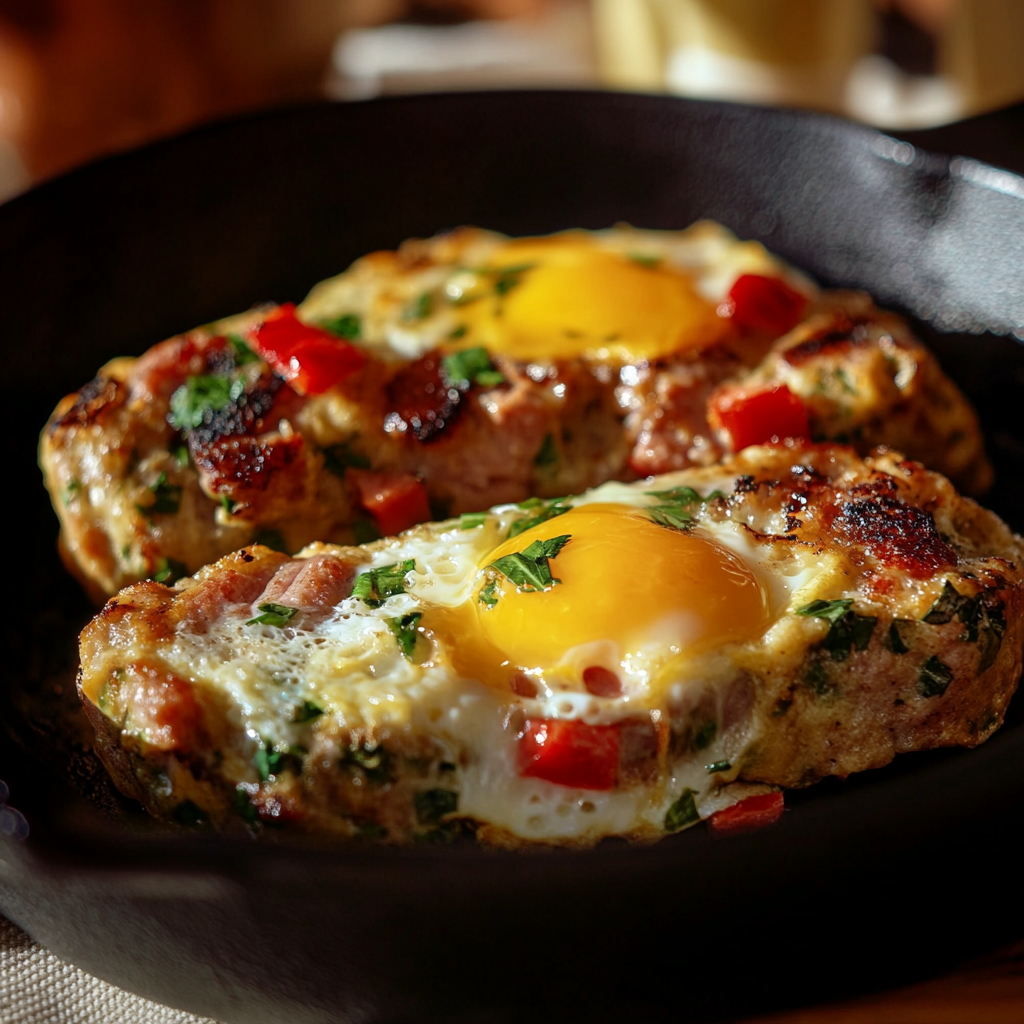 Crispy skillet-cooked sausage and egg with herbs and peppers