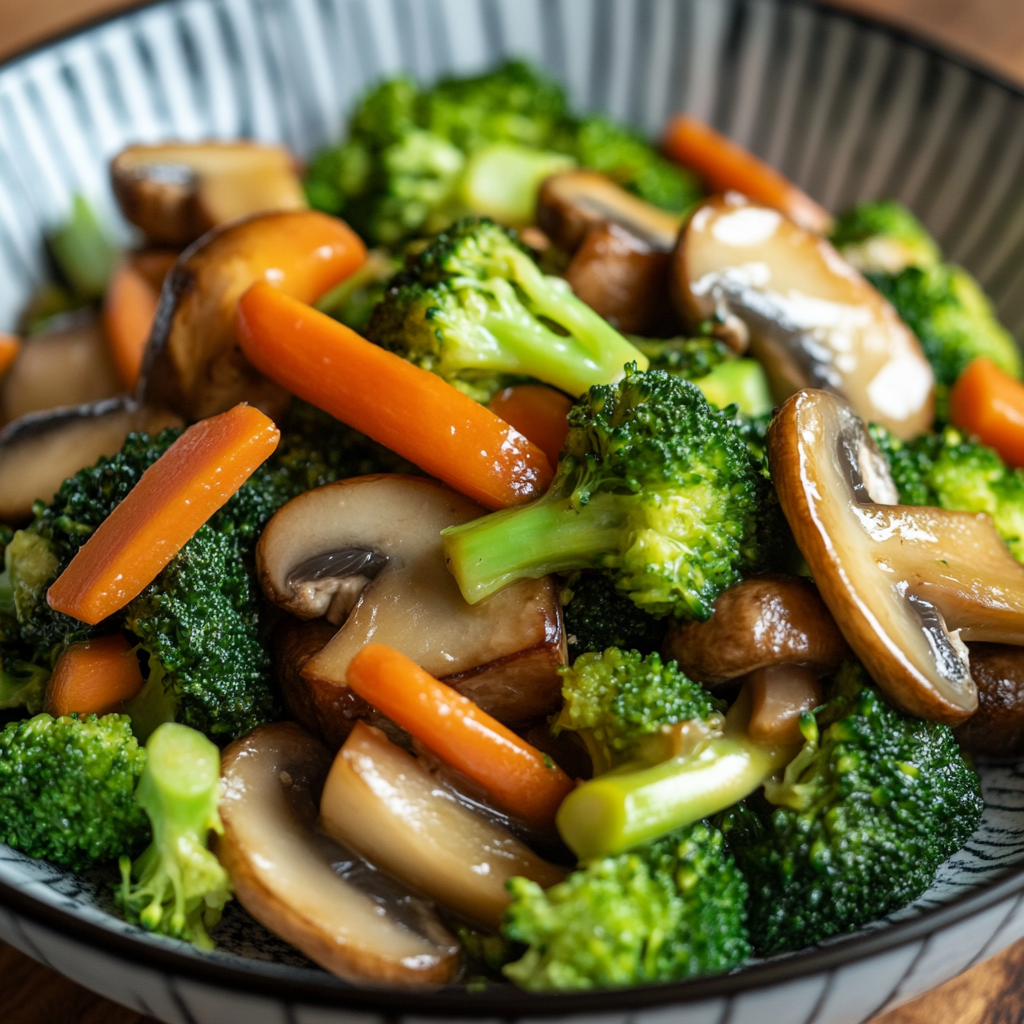 Sautéed Mushrooms with Broccoli: A Healthy, Flavorful Side Dish 11 Colorful sautéed vegetables in a striped bowl with broccoli, mushrooms, and carrots