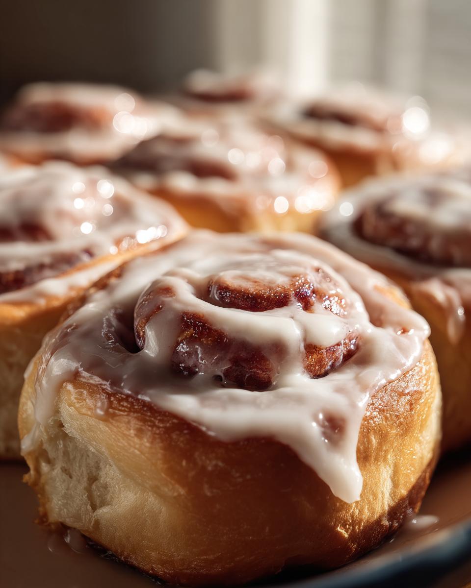 Close-up of freshly baked cinnabon rolls with creamy white frosting, showcasing their soft texture and tempting glaze.