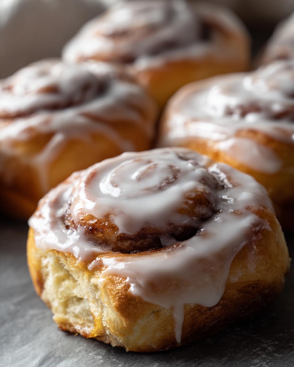 Close-up of freshly baked cinnabon rolls with creamy white icing drizzled on top, showcasing their soft texture.