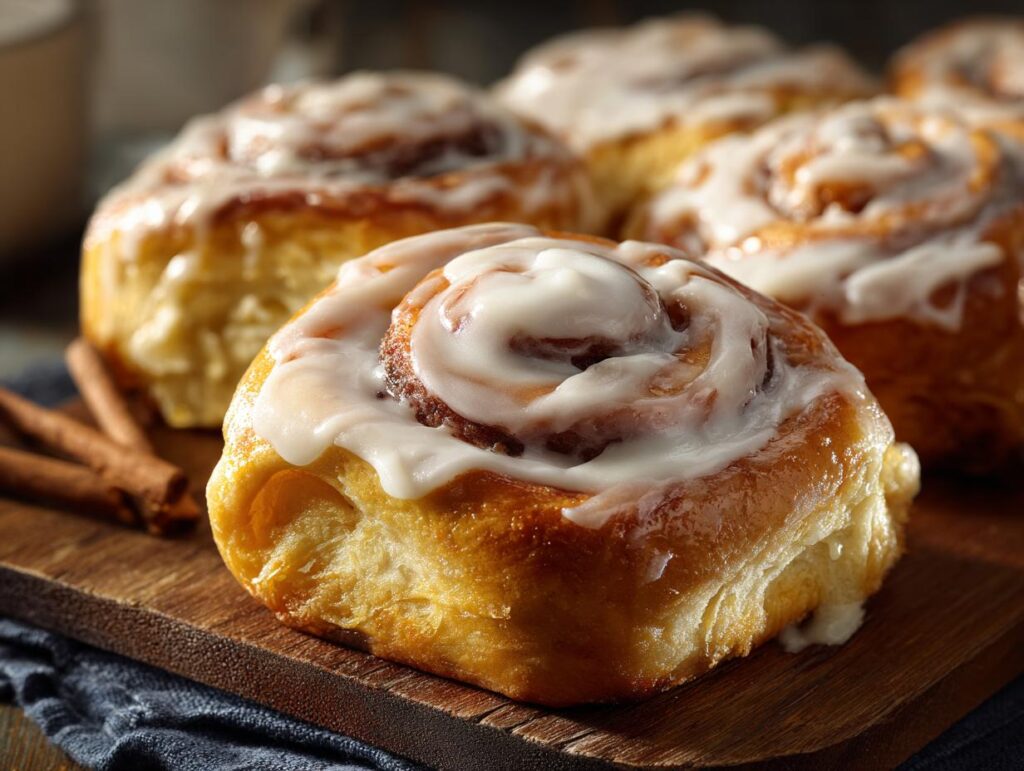 Close-up of freshly baked cinnabon rolls with creamy icing on a wooden board, with cinnamon sticks.