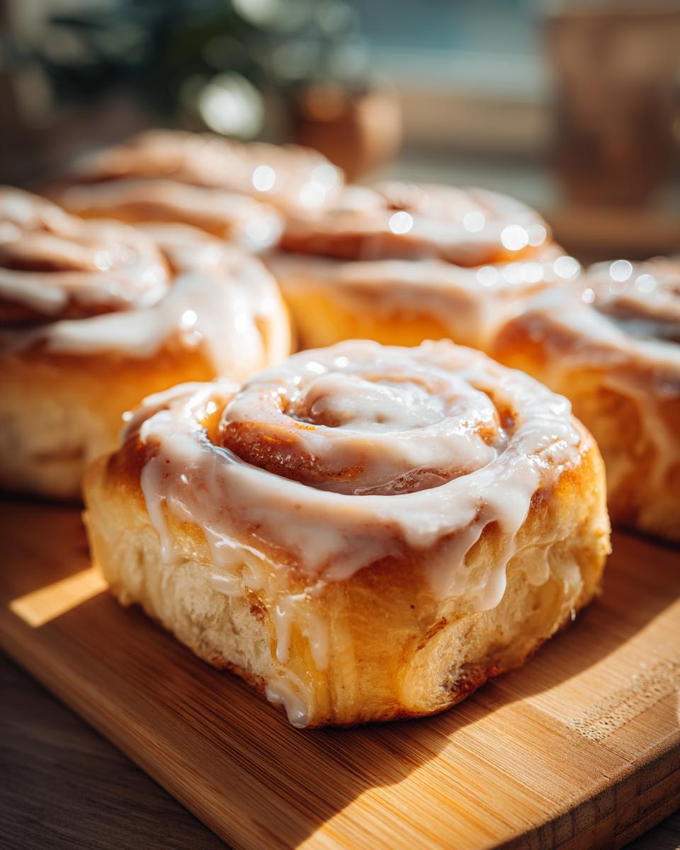 Close-up of freshly baked cinnabon rolls with creamy icing on a wooden board.