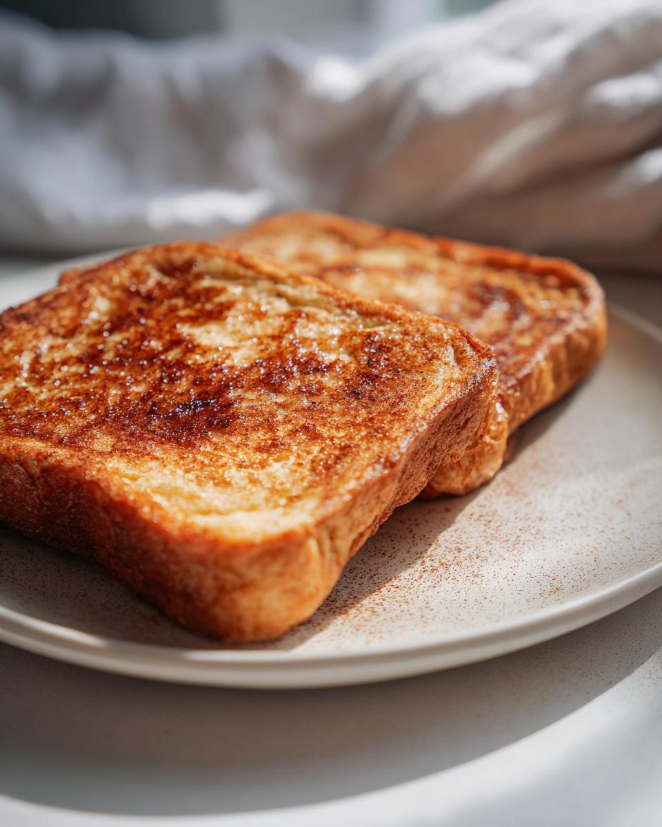 Two slices of golden brown 40 g Protein French toast, sprinkled with cinnamon, served on a white plate.