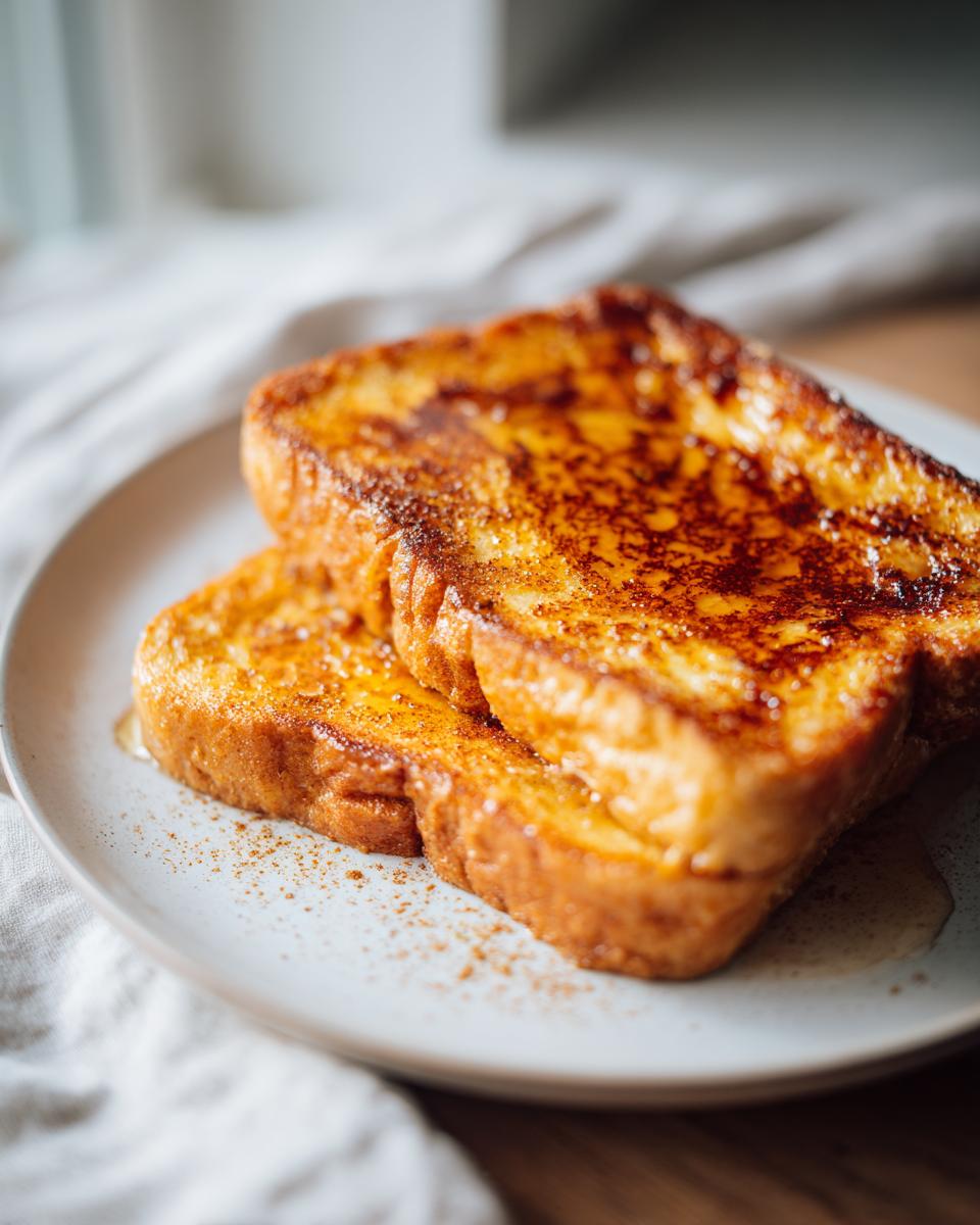 Two slices of golden-brown 40 g Protein French toast, drizzled with syrup and sprinkled with cinnamon, on a plate.