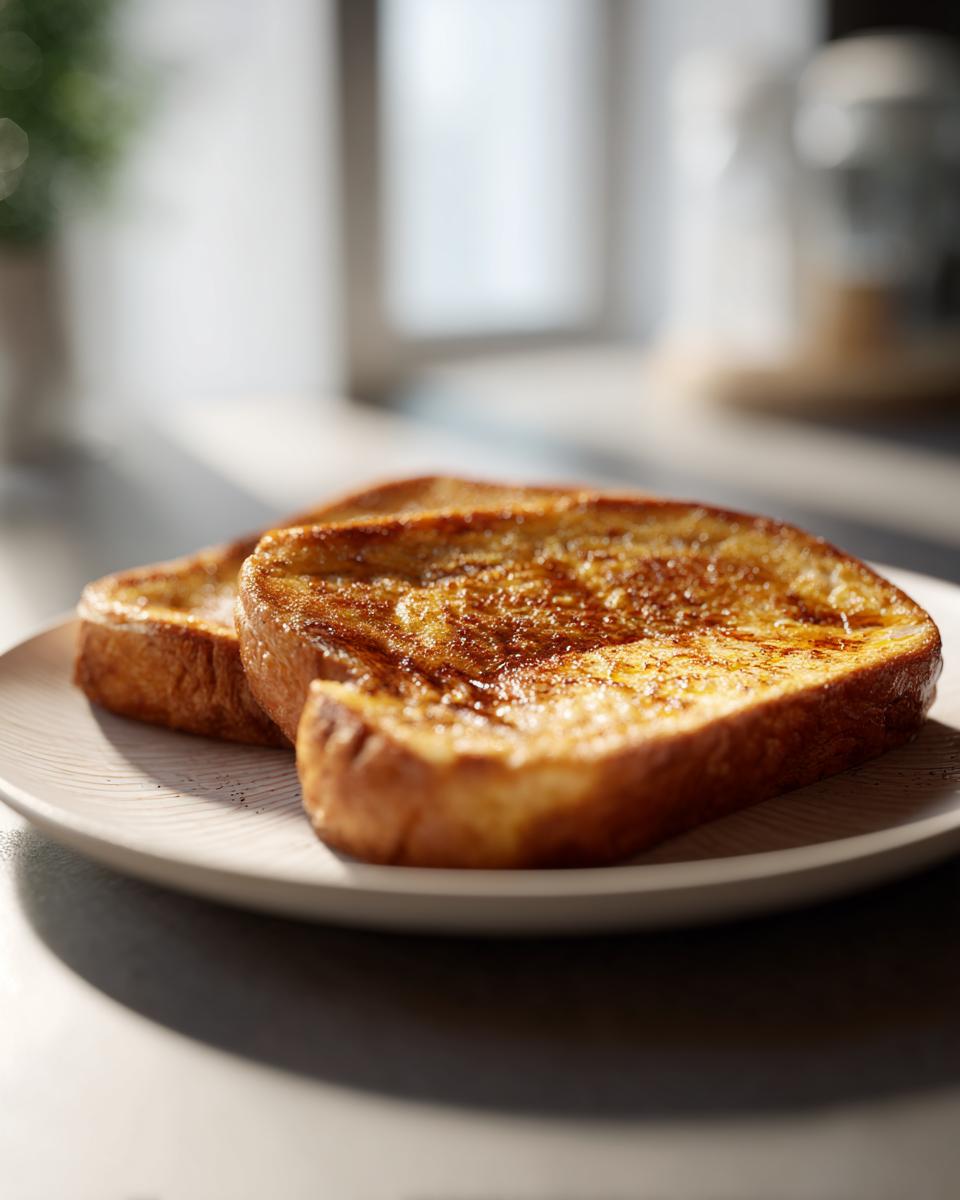 Two slices of golden brown 40 g Protein French toast served on a plate, ready to eat.