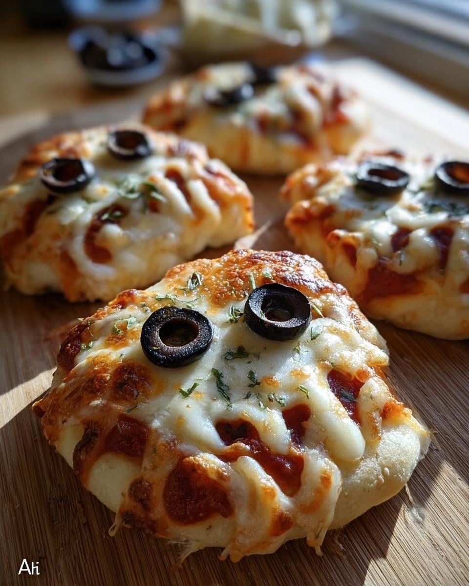 Close-up of Adorable Mini Ghost Pizzas Halloween with olive eyes on a wooden board.