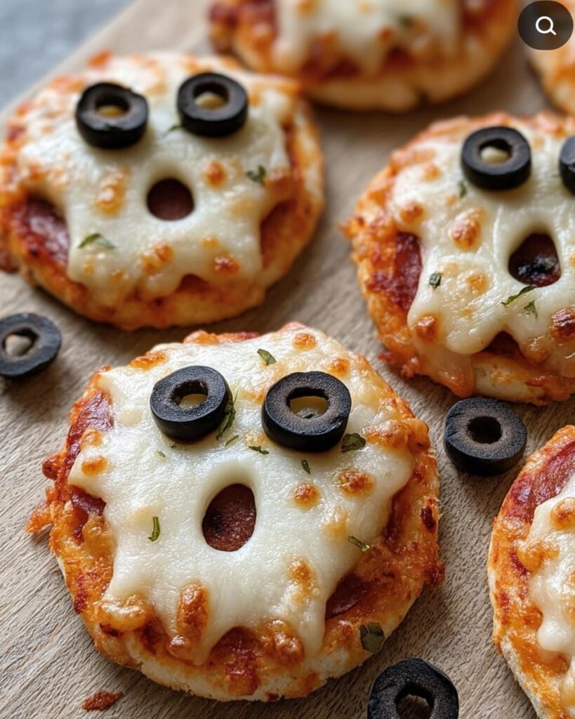 Overhead shot of Adorable Mini Ghost Pizzas Halloween with olive eyes on a wooden board.