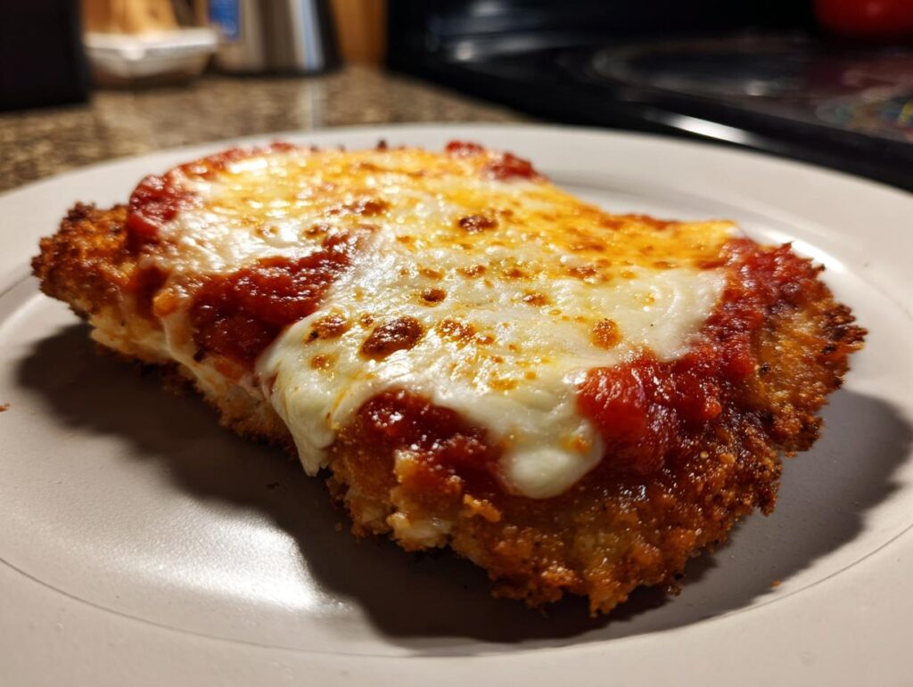 A golden Air Fryer Chicken Parmesan, topped with tomato sauce and melted mozzarella cheese on a plate.