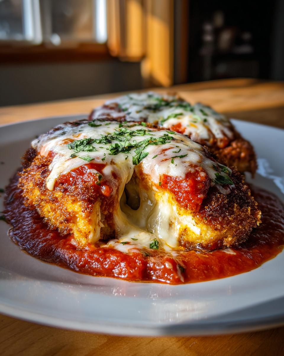 Close-up of Air Fryer Chicken Parmesan topped with melted mozzarella, tomato sauce, and parsley.