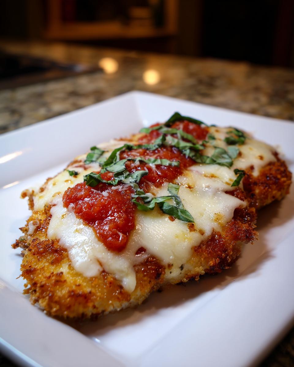 Two pieces of golden Air Fryer Chicken Parmesan topped with melted cheese, tomato sauce, and fresh basil on a white plate.