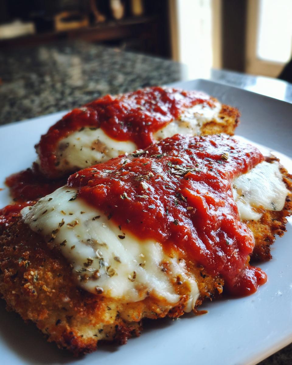 Two pieces of Air Fryer Chicken Parmesan topped with melted cheese and marinara sauce on a white plate.