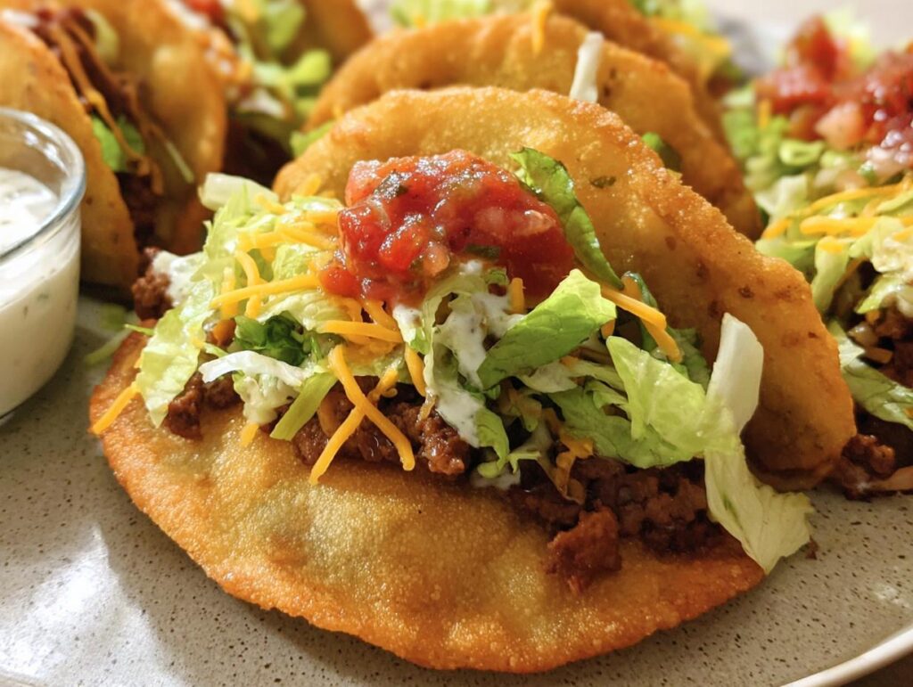 Close-up of Air Fryer Tacos Extravaganza, loaded with ground beef, lettuce, cheese, salsa, and sour cream.