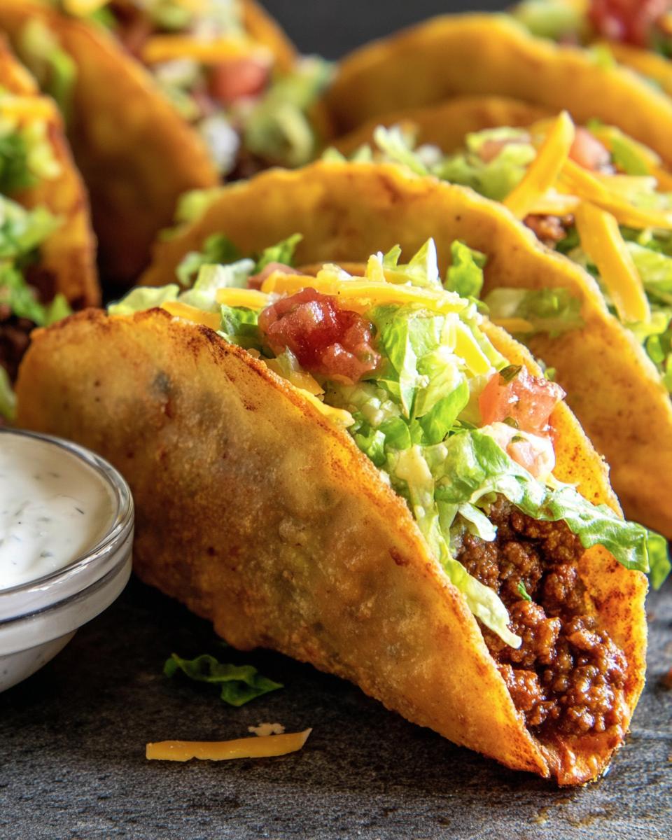 Close-up of crispy Air Fryer Tacos Extravaganza filled with seasoned meat, lettuce, tomato, and cheese, served with dipping sauce.