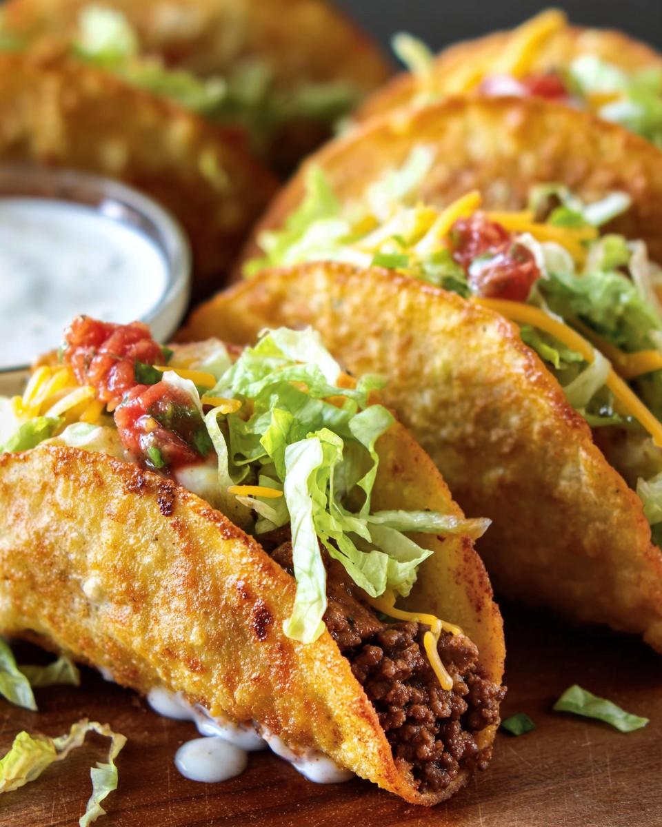 Close-up of crispy Air Fryer Tacos Extravaganza with ground beef, lettuce, cheese, salsa, and sour cream.