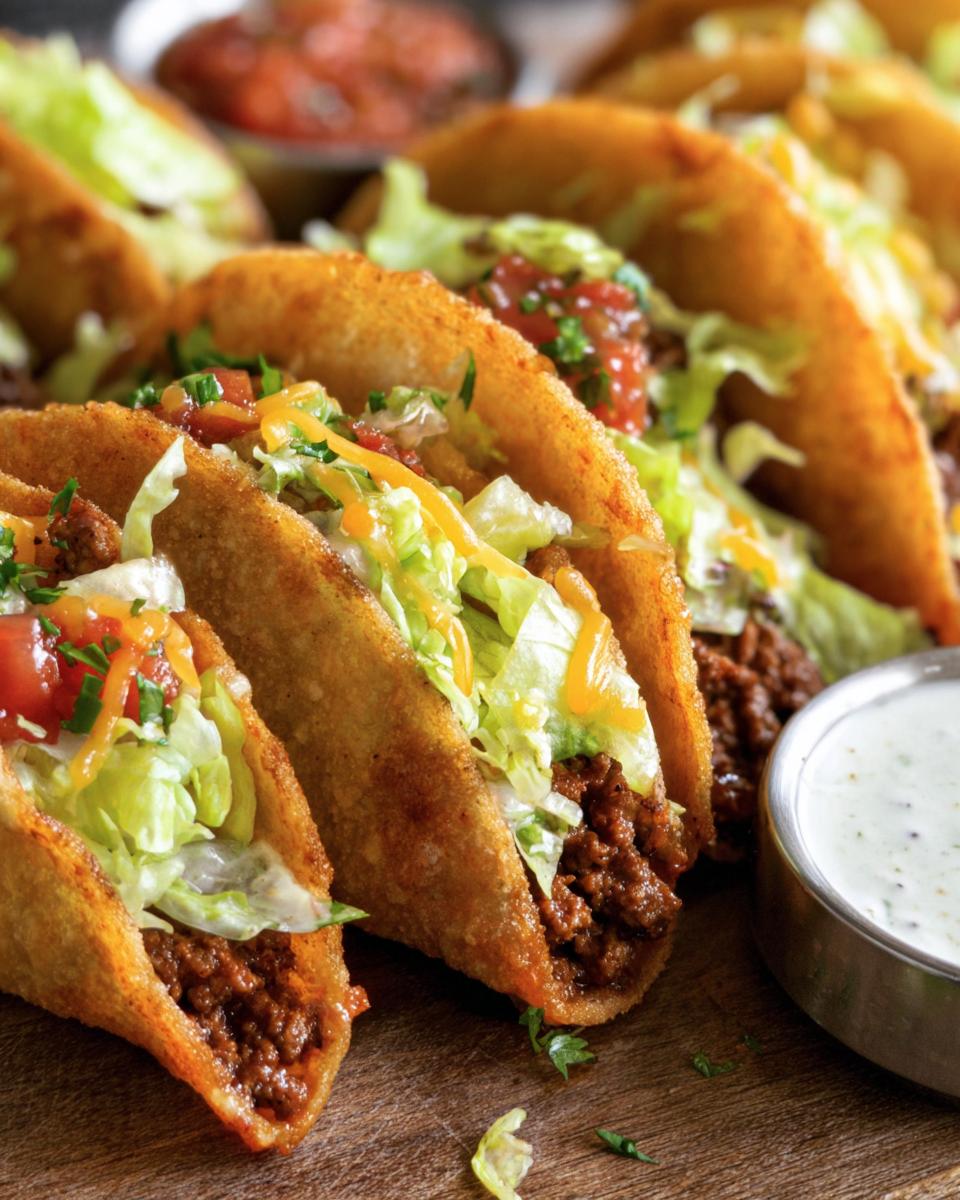 Close-up of crispy Air Fryer Tacos Extravaganza filled with seasoned beef, lettuce, cheese, salsa and a creamy sauce.