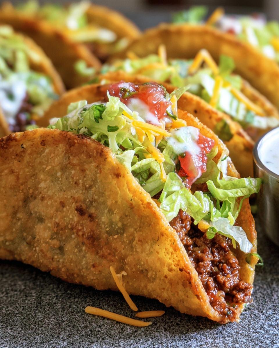 Close-up of crispy Air Fryer Tacos Extravaganza filled with seasoned meat, lettuce, cheese, salsa, and sour cream.