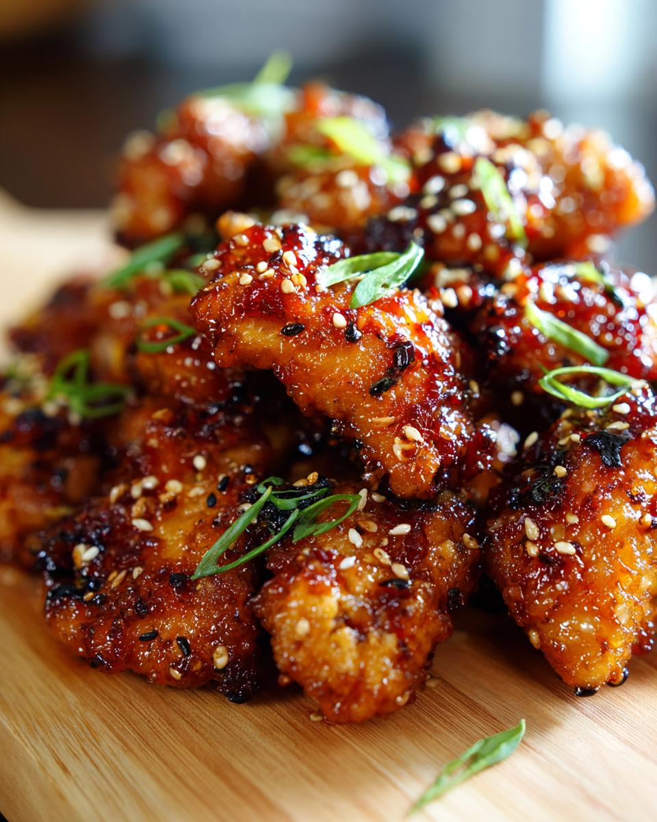 Close-up of Air Fryer Teriyaki Chicken pieces, glazed and sprinkled with sesame seeds and green onions.