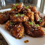A plate of glistening Air Fryer Teriyaki Chicken, garnished with sesame seeds and green onions.