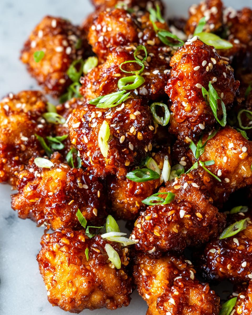 Close-up of glazed Air Fryer Teriyaki Chicken bites, garnished with sesame seeds and green onions.