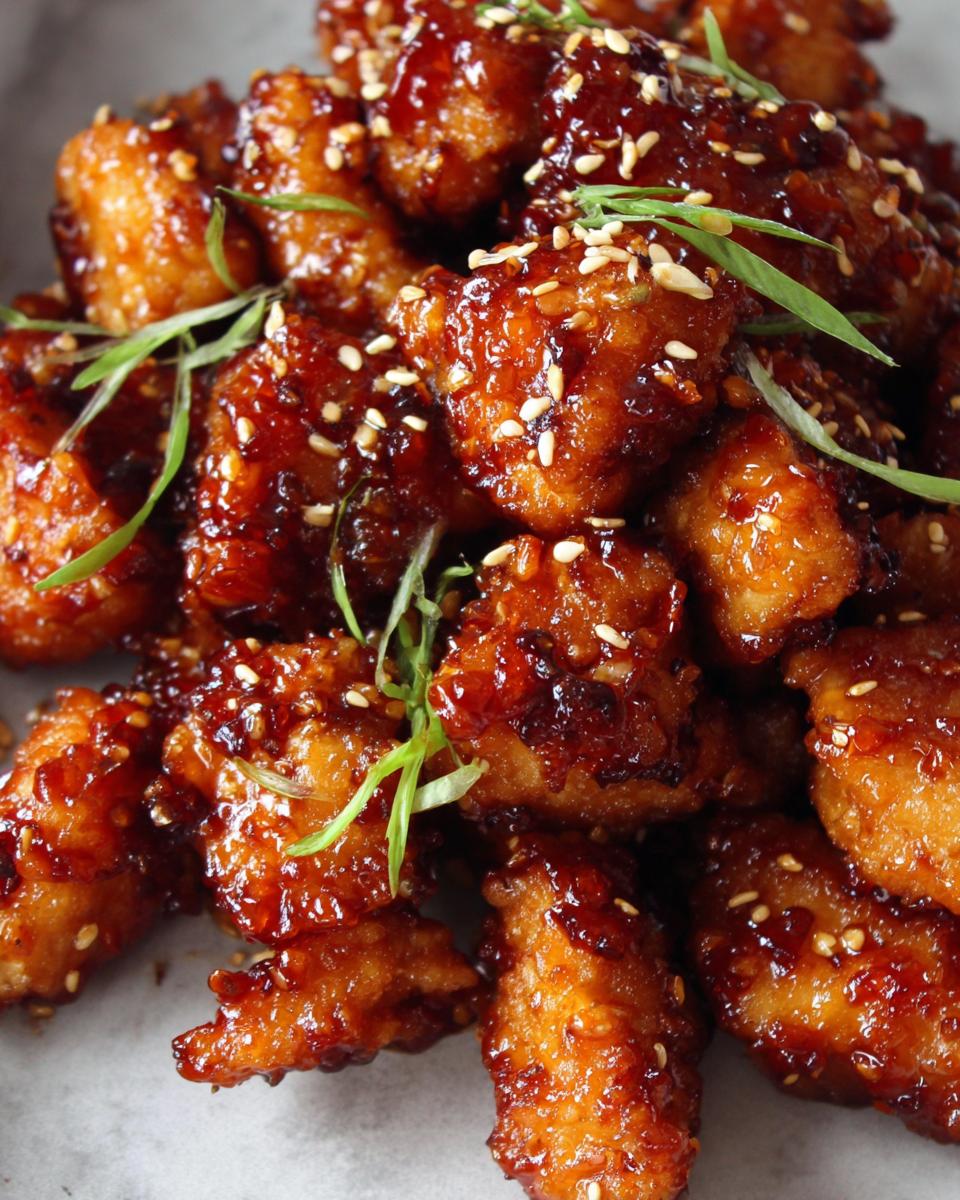 Close up of glazed Air Fryer Teriyaki Chicken bites, garnished with sesame seeds and green onions.