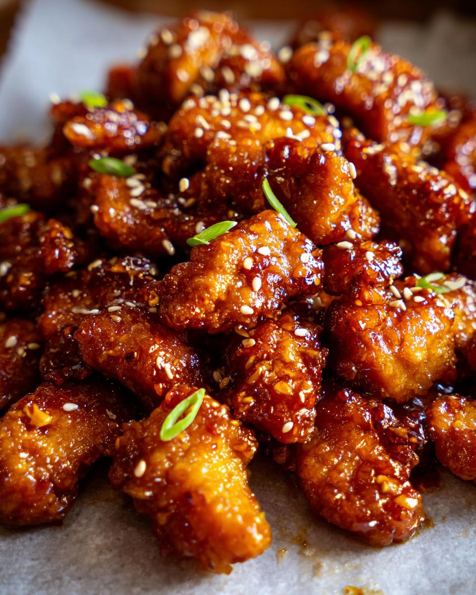 Close-up of glazed Air Fryer Teriyaki Chicken pieces, topped with sesame seeds and green onion.