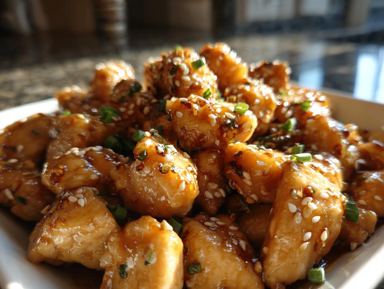 Close-up of glazed Air Fryer Teriyaki Chicken, garnished with sesame seeds and green onions.
