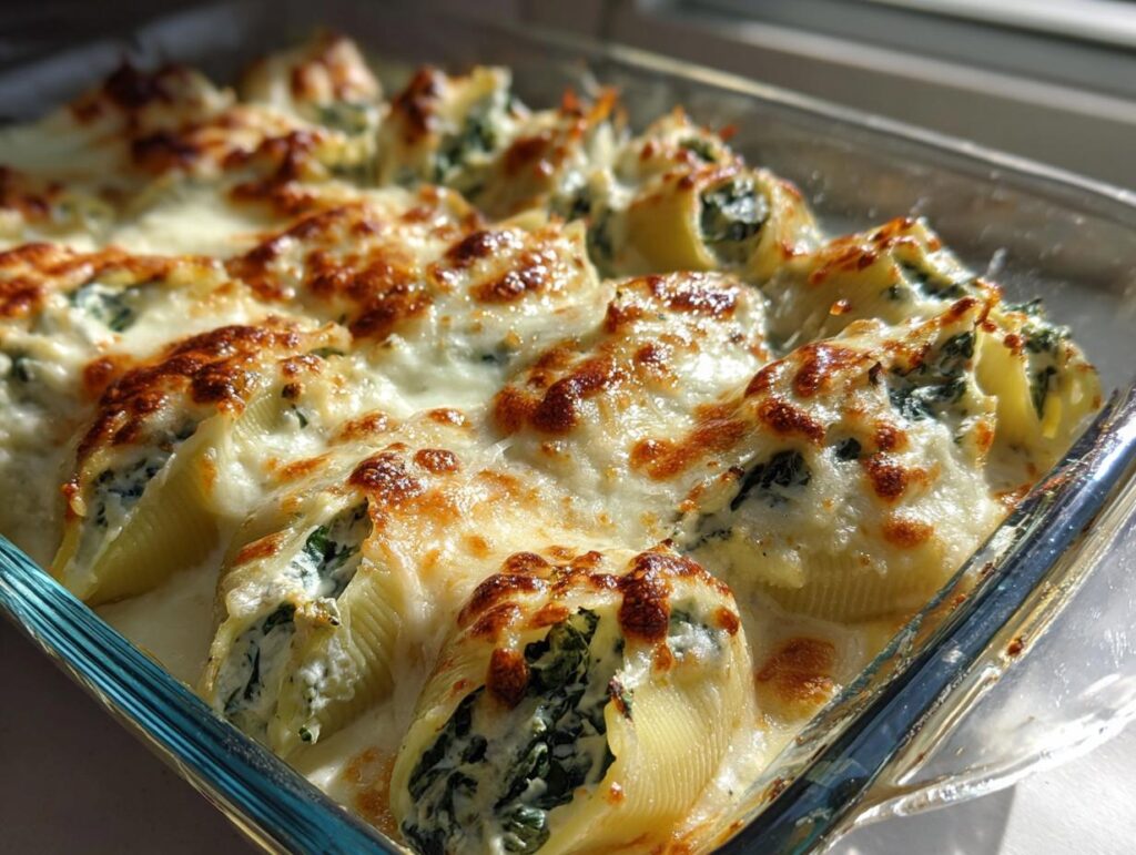 Close up of Alfredo Stuffed Shells in a baking dish, filled with spinach and cheese, topped with melted cheese.