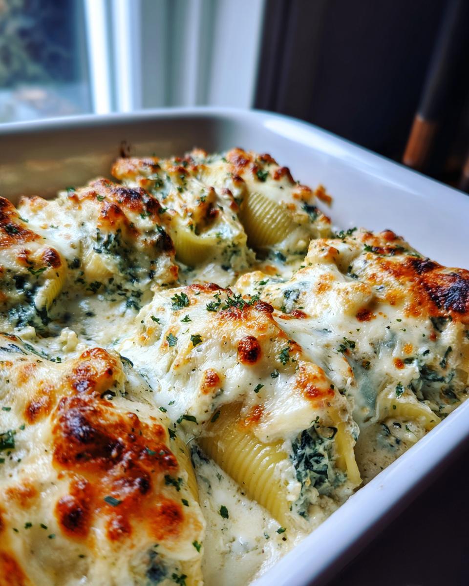 Close-up of Alfredo Stuffed Shells in a white baking dish, topped with melted cheese and herbs.