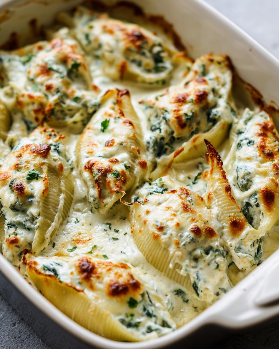 Close-up of Alfredo Stuffed Shells in a white baking dish, topped with melted cheese and herbs.