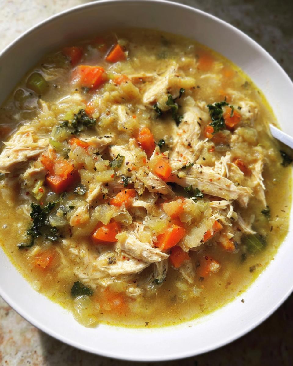 A bowl of homemade Anti-Inflammatory Chicken Soup with shredded chicken, carrots, and herbs.