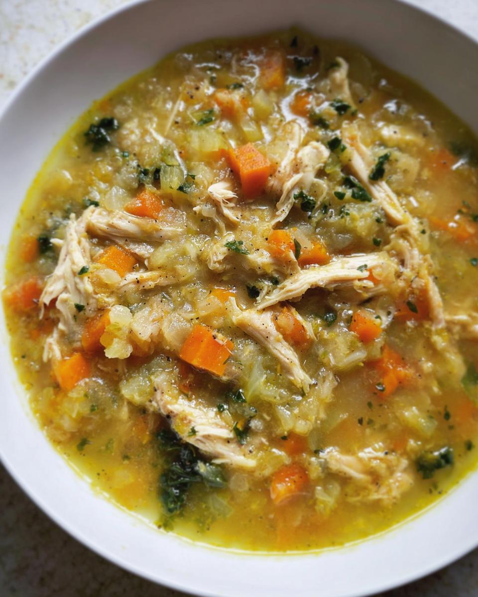 Overhead shot of a bowl of Anti-Inflammatory Chicken Soup with chicken, carrots, and herbs.