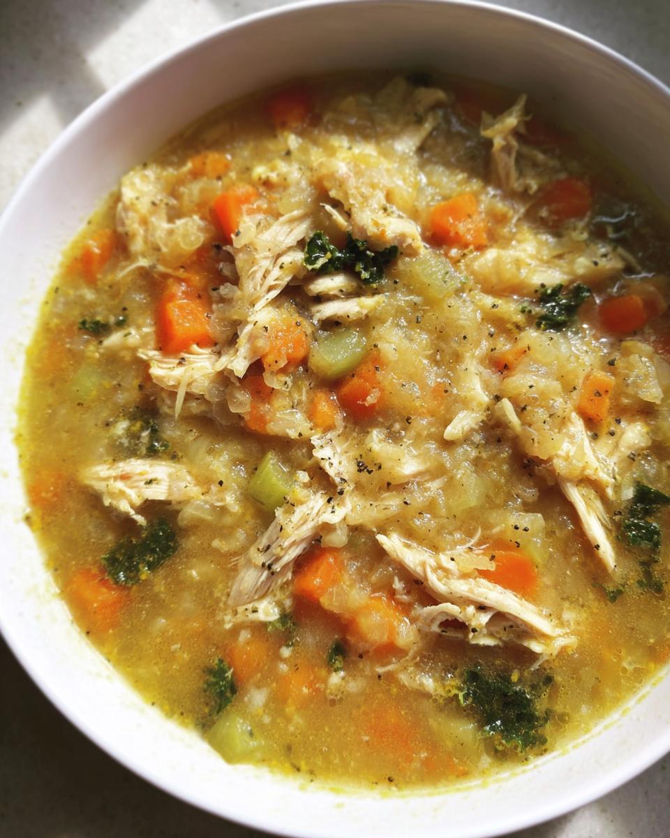 A comforting bowl of Anti-Inflammatory Chicken Soup filled with shredded chicken, carrots, and leafy greens.