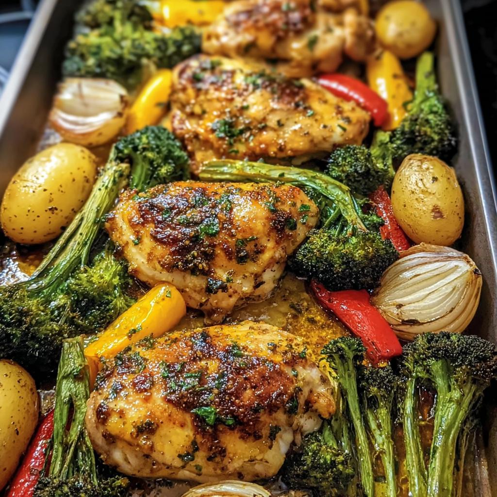 Sheet pan of baked Anti-Inflammatory Chicken with broccoli, potatoes, peppers, and onions.