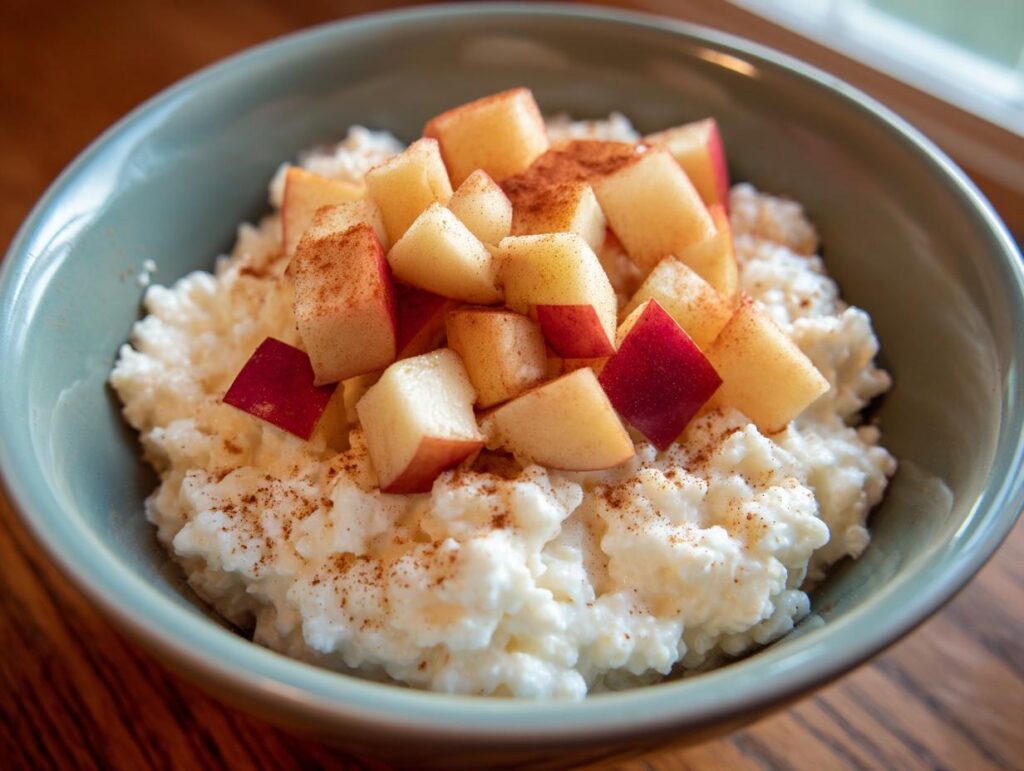 A bowl of Apple Cinnamon Cottage Cheese, topped with diced apples and a sprinkle of cinnamon.