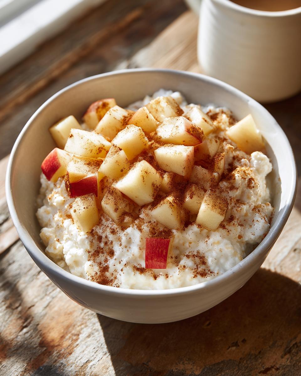 Bowl of Apple Cinnamon Cottage Cheese, topped with diced apples and cinnamon.