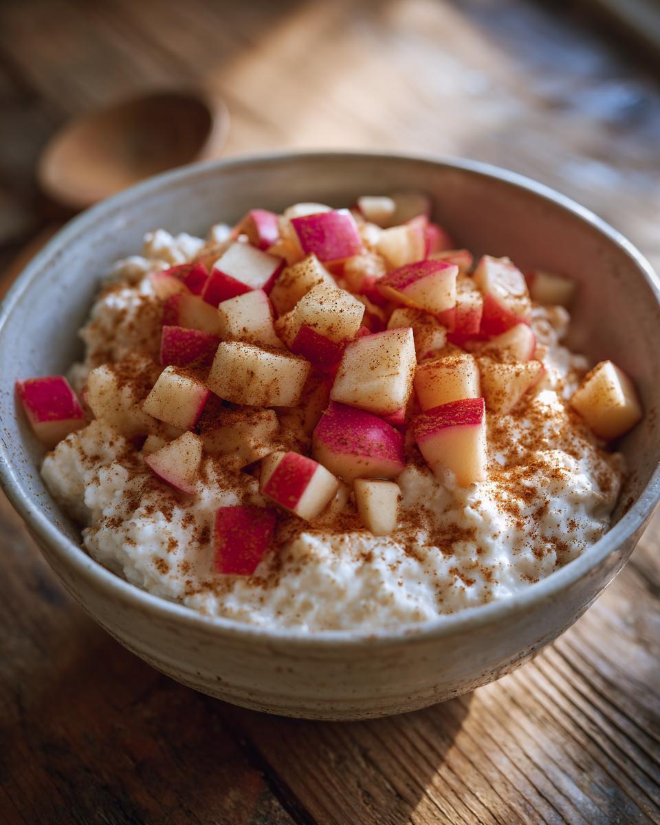 A bowl of Apple Cinnamon Cottage Cheese, topped with diced apples and a sprinkle of cinnamon.