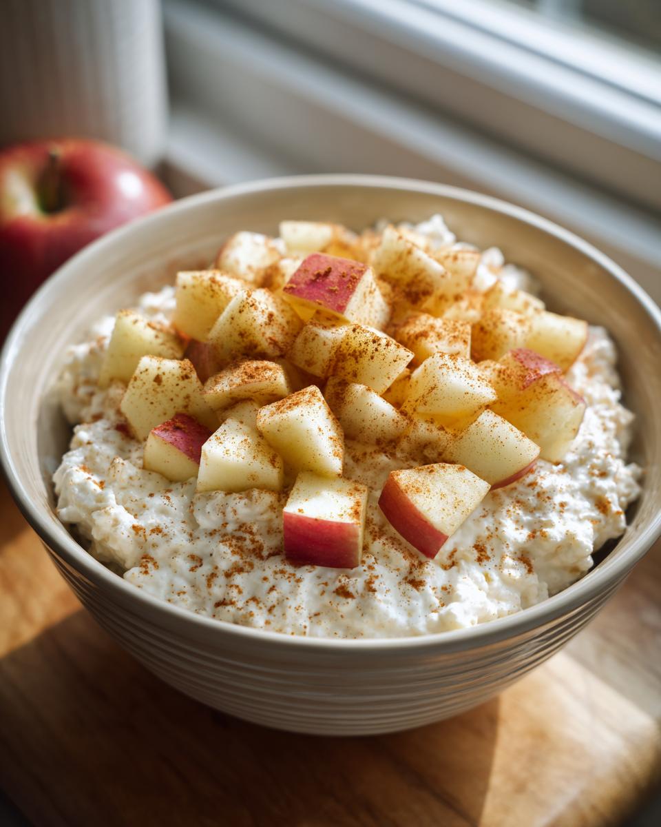 Bowl of Apple Cinnamon Cottage Cheese. Cottage cheese topped with diced apples and cinnamon.