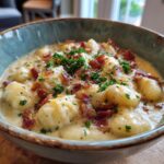 Close-up of a bowl of creamy Bacon Cheddar Gnocchi Soup, garnished with parsley and crispy bacon pieces.