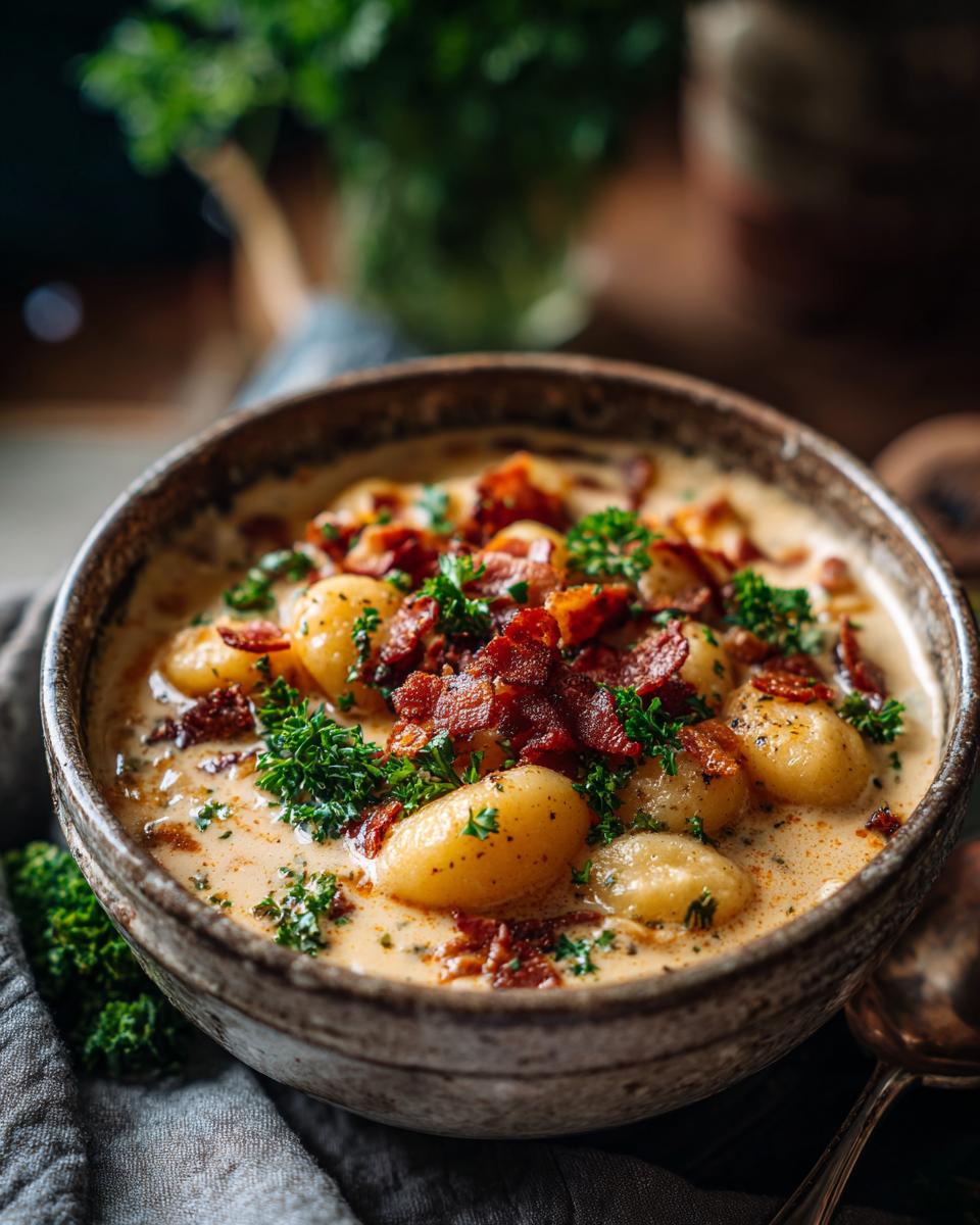 Close-up of a bowl of creamy Bacon Cheddar Gnocchi Soup, garnished with crispy bacon and fresh parsley.