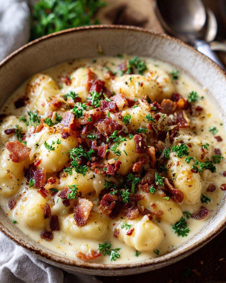 A delicious bowl of Bacon Cheddar Gnocchi Soup, topped with crispy bacon and fresh parsley.