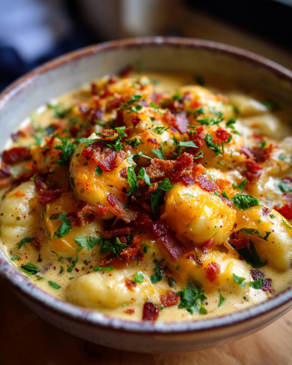 Close-up of a bowl of creamy Bacon Cheddar Gnocchi Soup, topped with crispy bacon and fresh parsley.
