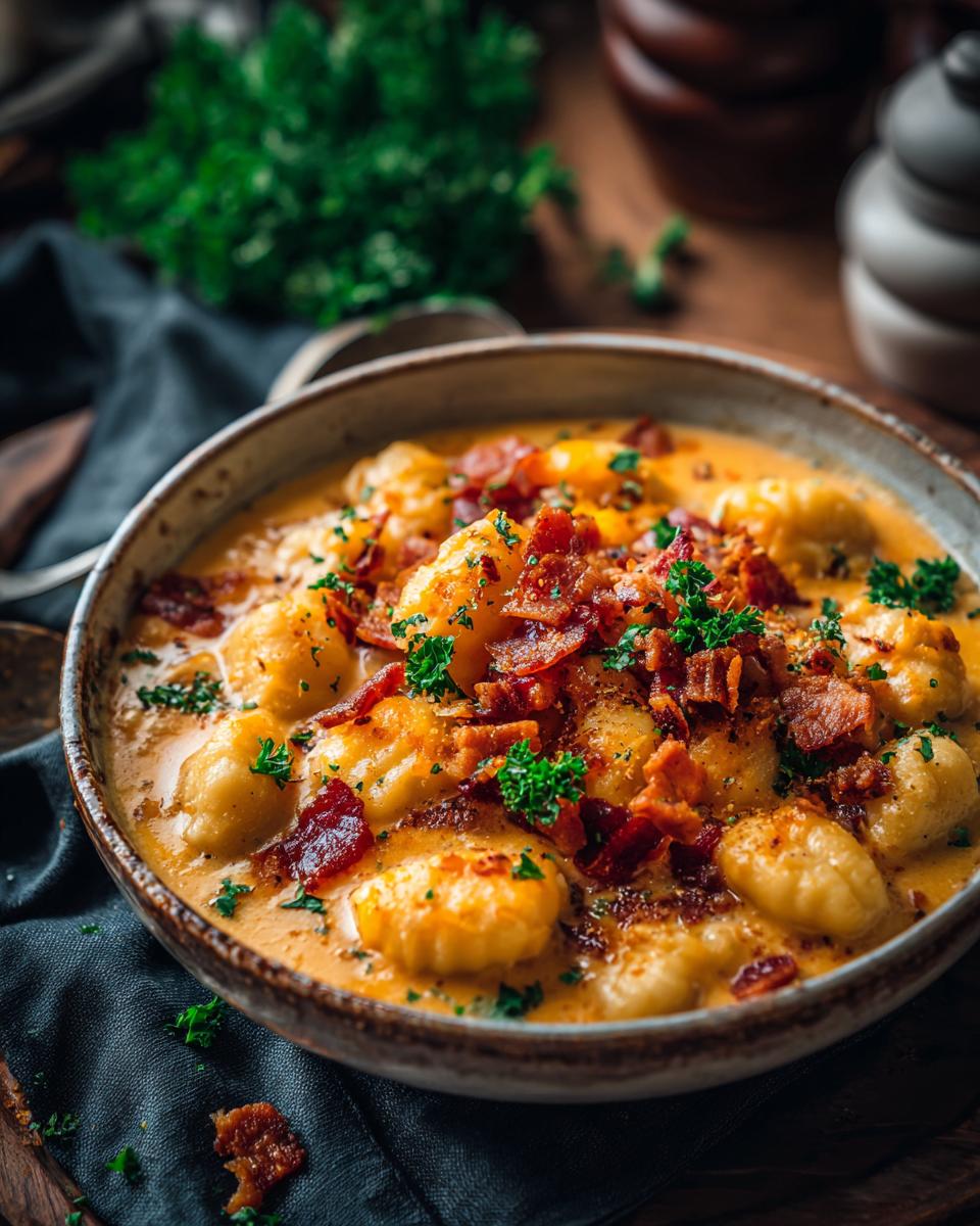 A bowl of creamy Bacon Cheddar Gnocchi Soup, topped with crispy bacon and fresh parsley.