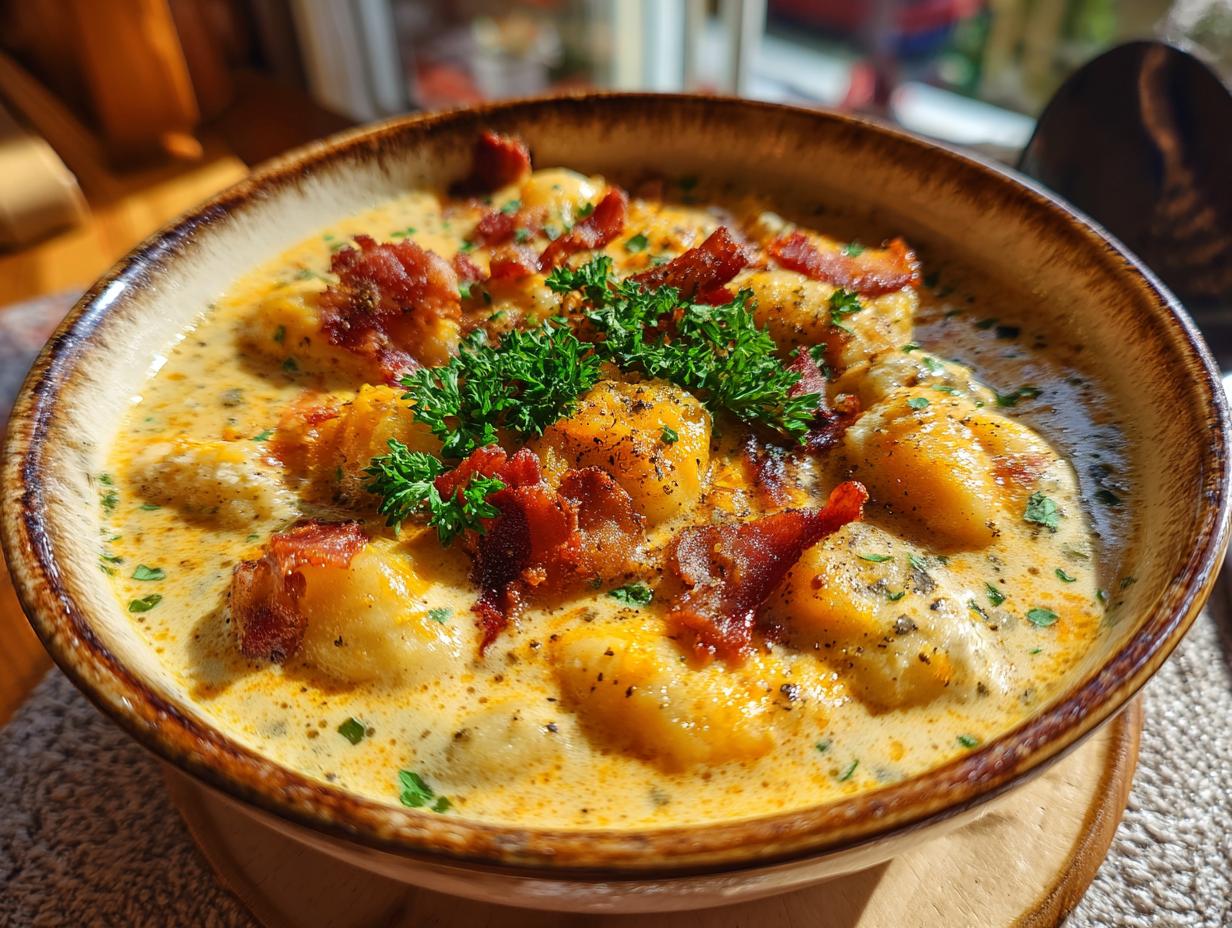 Close-up of a bowl of creamy Bacon Cheddar Gnocchi Soup, garnished with crispy bacon and fresh parsley.