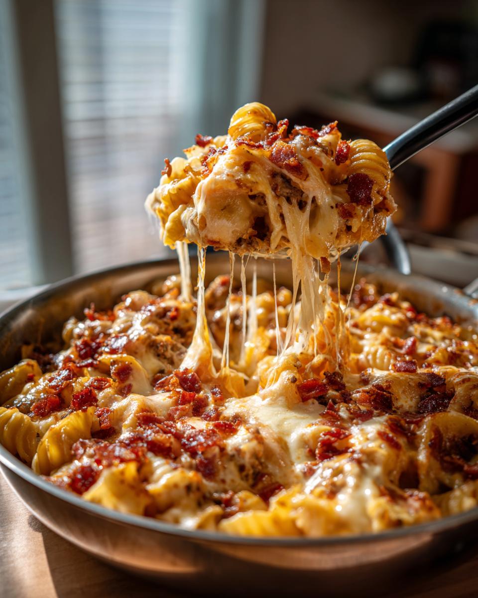 Spoon lifting a portion of Bacon Cheeseburger Casserole with melted cheese and bacon bits.