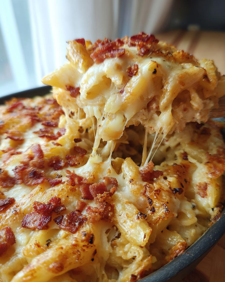 A spoonful of Bacon Cheeseburger Casserole being lifted, showing melted cheese and bacon topping.