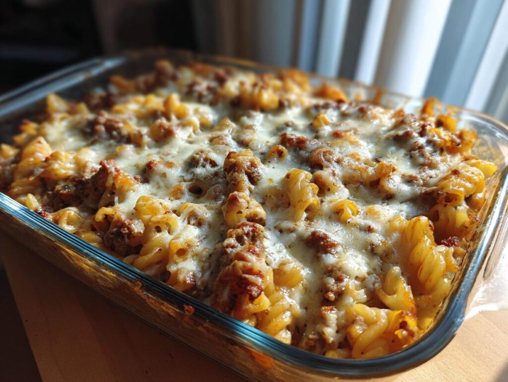 A freshly baked Bacon Cheeseburger Casserole in a glass dish, topped with melted cheese and pasta.